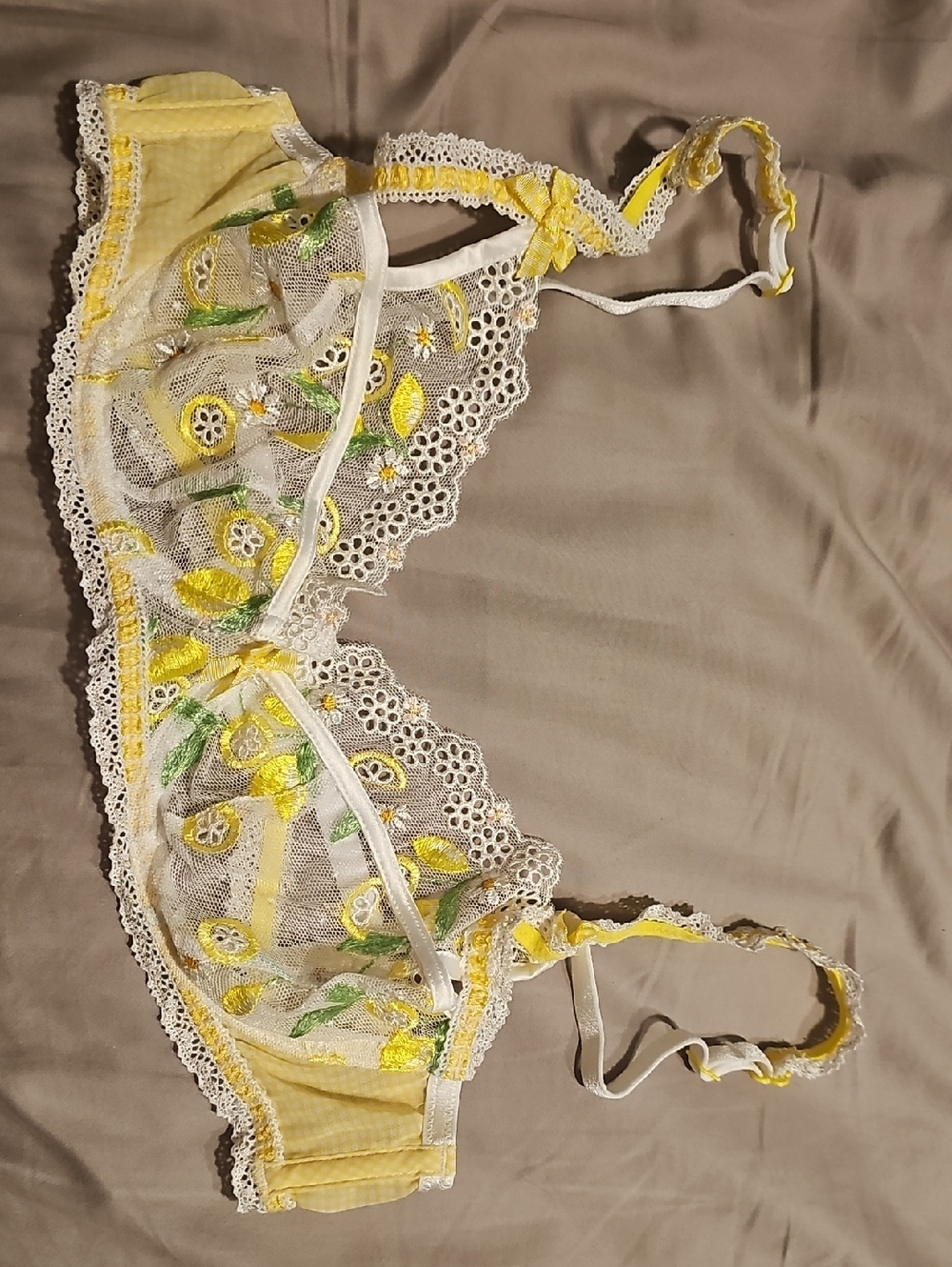Delicate Yellow & White Lace Embroidered Bralette And Thong